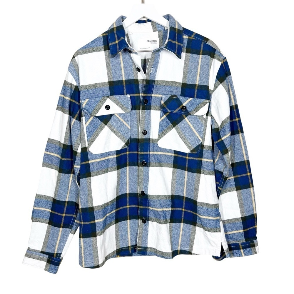 Selected Homme Mens Heavy knit Loose Jax Plaid Overshirt Size Large Blue